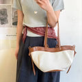 Two Tone Canvas Vegan Leather Trim Zipper Daily Shoulder Tote Bag