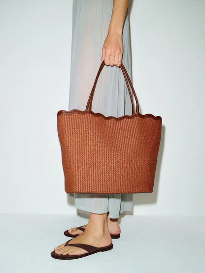 Scalloped Edge Rattan Woven Large Summer Shopping Tote Bag