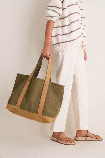 Two Tone Water Resistant Heritage Canvas Large Daily Shopping Tote Bag