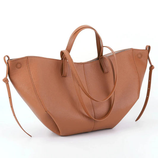 Tan Grain Faux Leather Adjustable Side Strap Large Daily Tote Bag