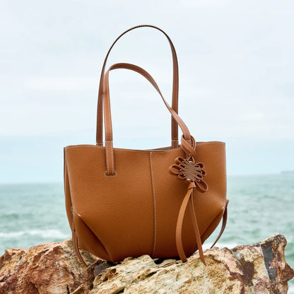 Tan Grain Faux Leather Adjustable Side Strap Large Daily Tote Bag