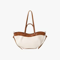 Two Tone Canvas Vegan Leather Trim Zipper Daily Shoulder Tote Bag