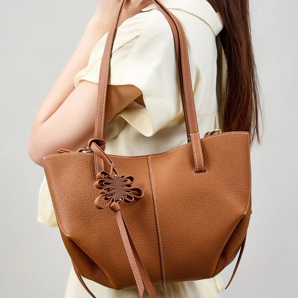 Tan Grain Faux Leather Adjustable Side Strap Large Daily Tote Bag