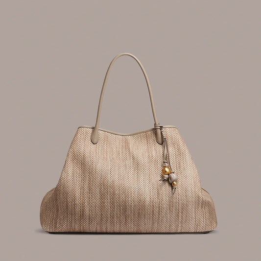 Oversized Woven Straw Summer Shopping Tote Bag With Bead Tassel