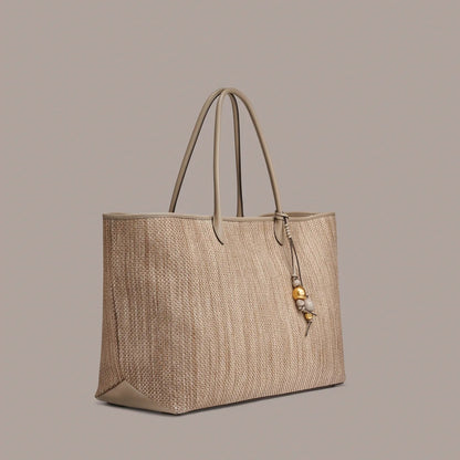 Oversized Woven Straw Summer Shopping Tote Bag With Bead Tassel