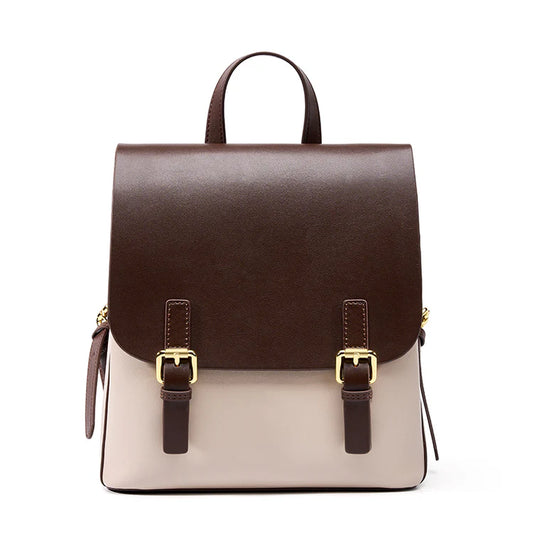 Two Tone Genuine Cow Leather Flap Mini Daily Backpack