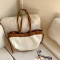 Two Tone Canvas Vegan Leather Trim Zipper Daily Shoulder Tote Bag