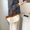 Two Tone Canvas Vegan Leather Trim Zipper Daily Shoulder Tote Bag