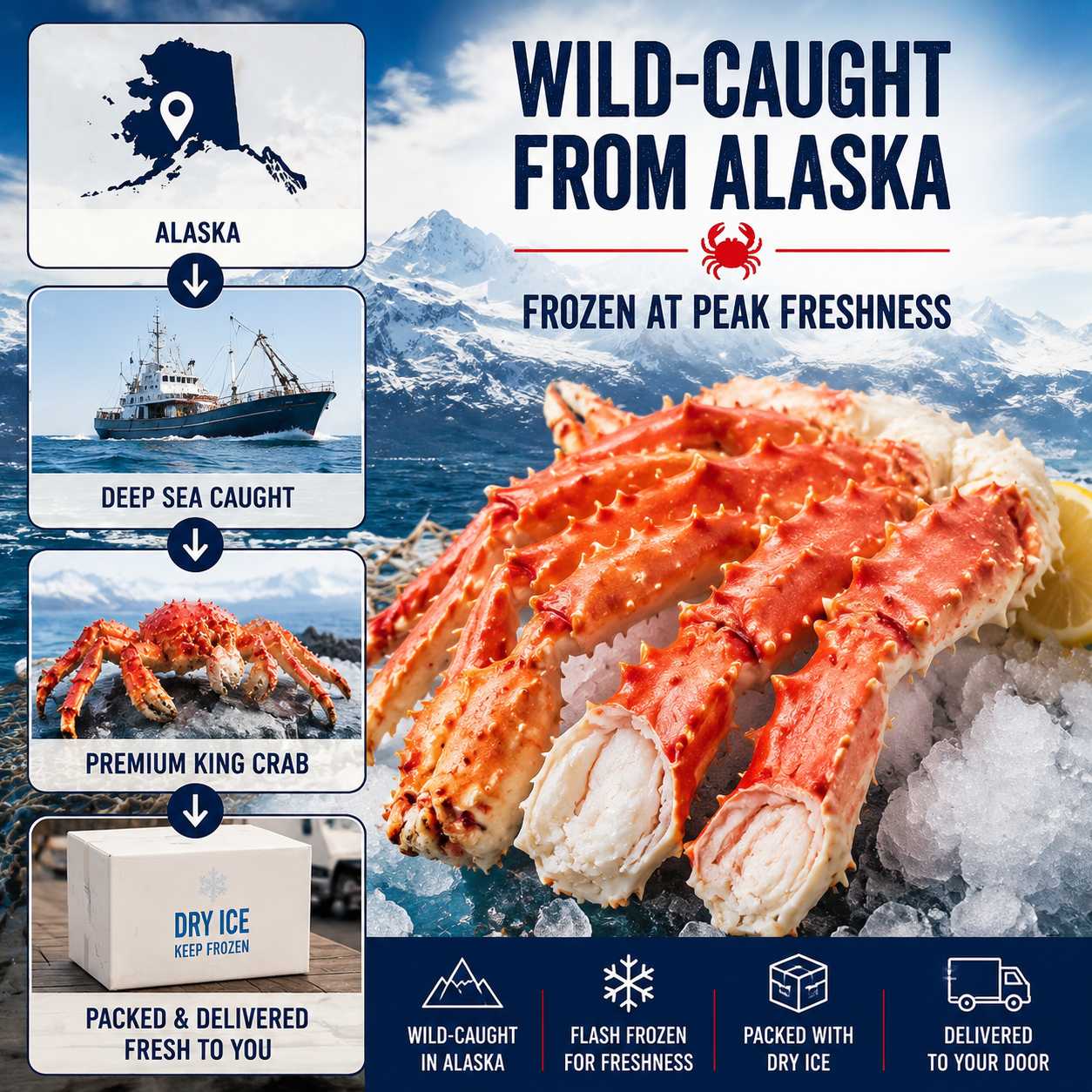 Premium Wild-Caught Alaskan King Crab Legs – Jumbo Size, Flash Frozen for Freshness