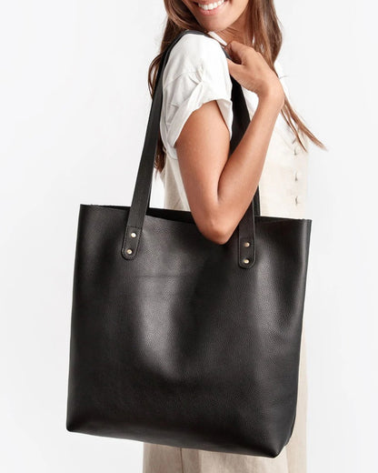 Minimalist Full Grain Cowhide Open Top Large Daily Shopping Tote Bag