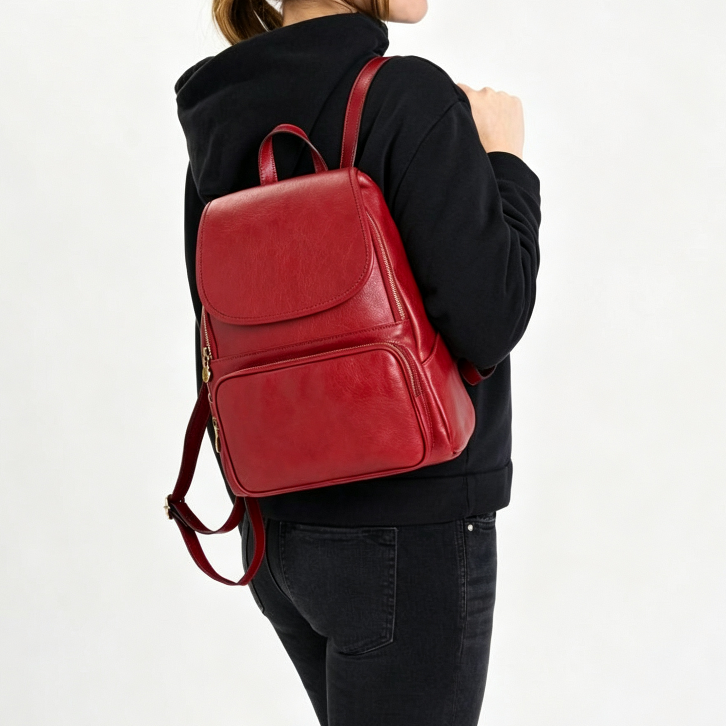 Vibrant Red Faux Leather Semi-Rigid Flap Daily Backpack